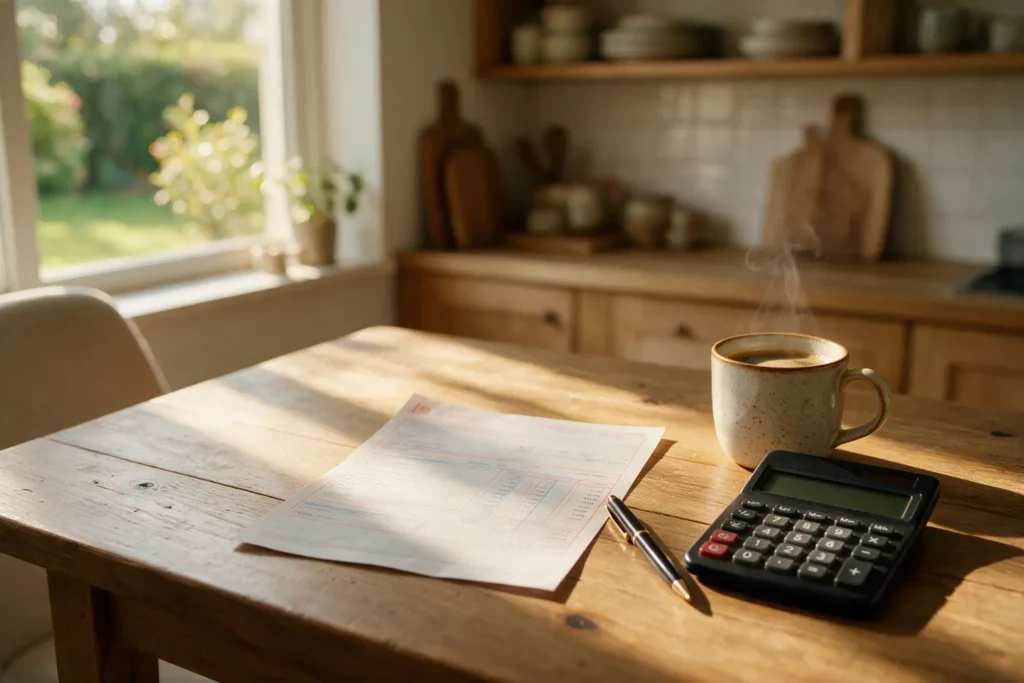 Factura de la luz sobre la mesa de la cocina junto a una calculadora, para calcular el importe de cada concepto