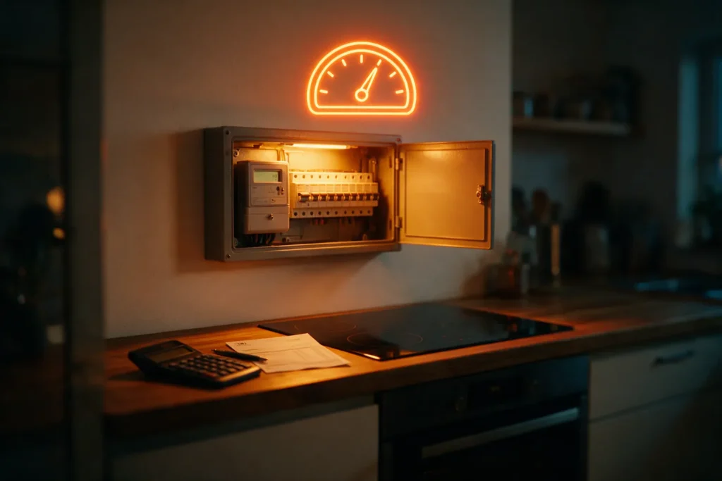 Calcular la potencia eléctrica: cuadro eléctrico con contador digital junto a una placa de inducción