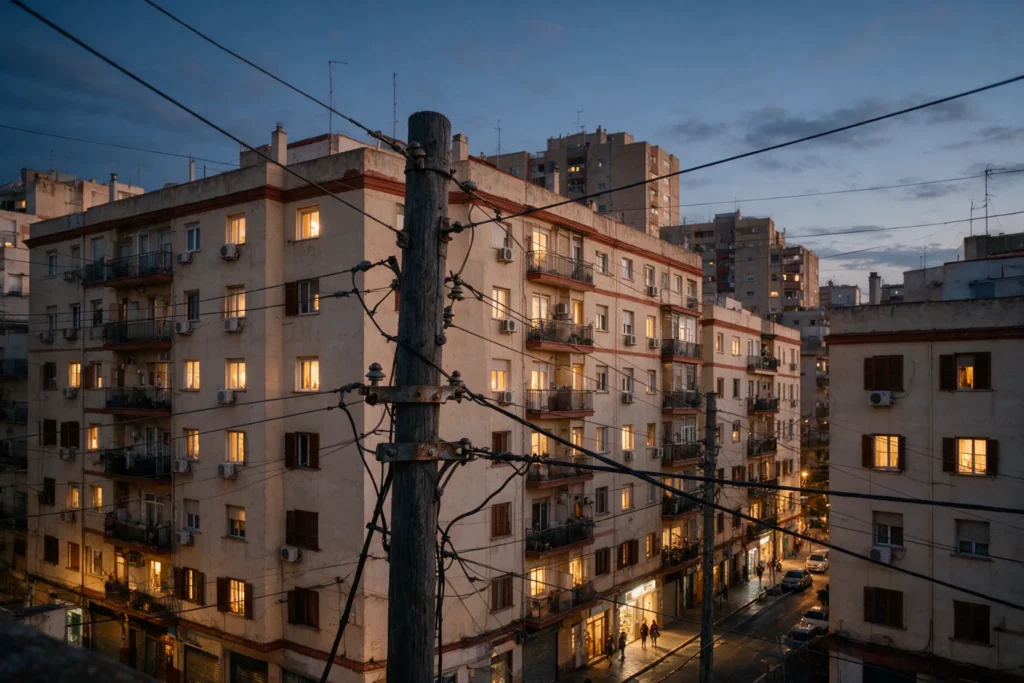 Edificios de viviendas al anochecer con las ventanas iluminadas y el tendido eléctrico en primer plano