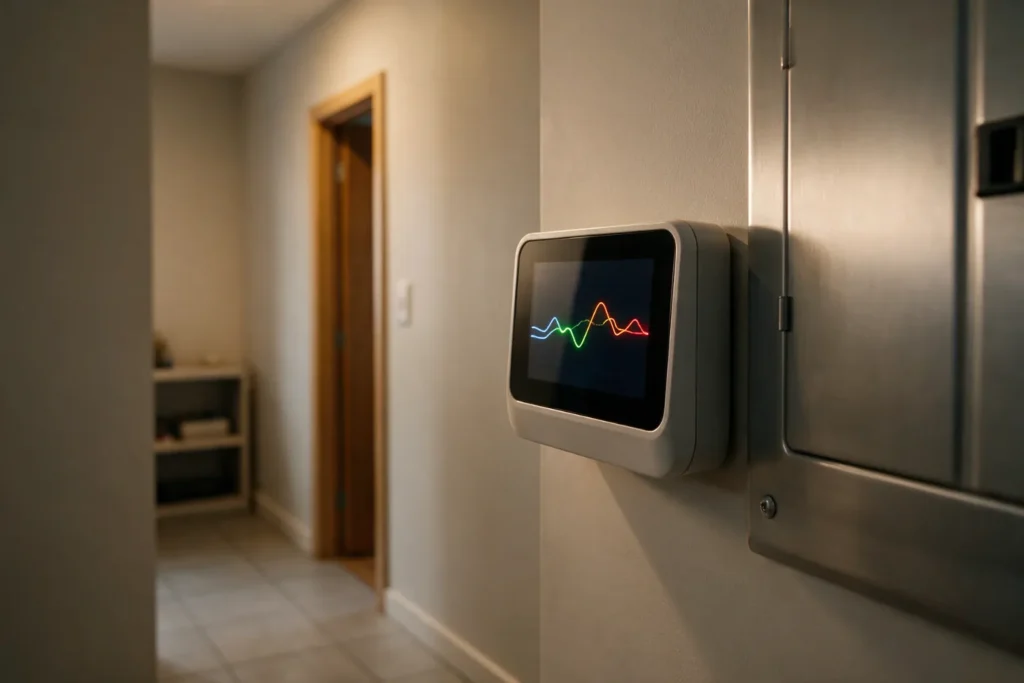 Monitor de consumo eléctrico junto al cuadro de una vivienda mostrando la curva de consumo en tiempo real