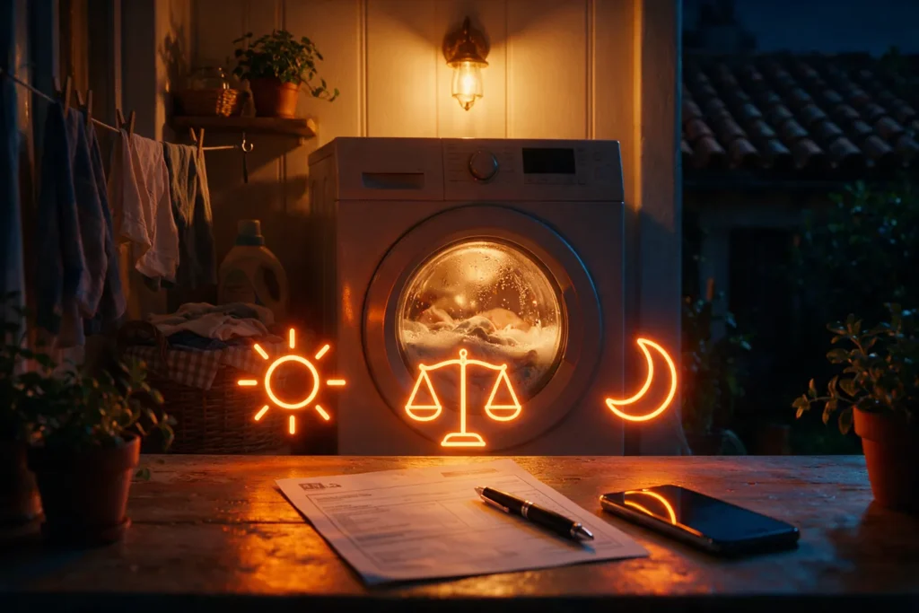 Lavadora funcionando de noche con los símbolos del sol, la balanza y la luna: la discriminación horaria de la luz