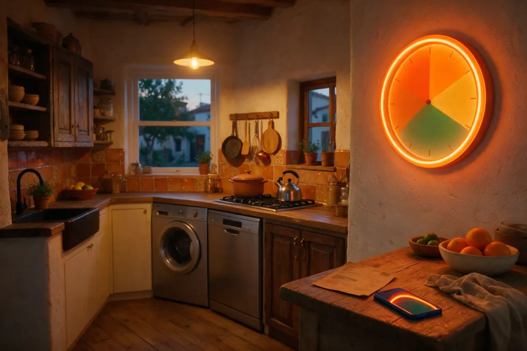 Franjas horarias de la luz: reloj con las franjas punta, llano y valle en una cocina con lavadora y lavavajillas