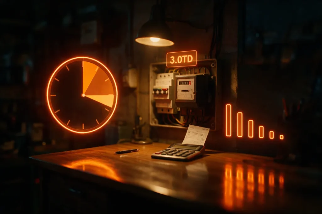 Tarifa 3.0TD: reloj con los seis periodos horarios y contador trifásico de un negocio