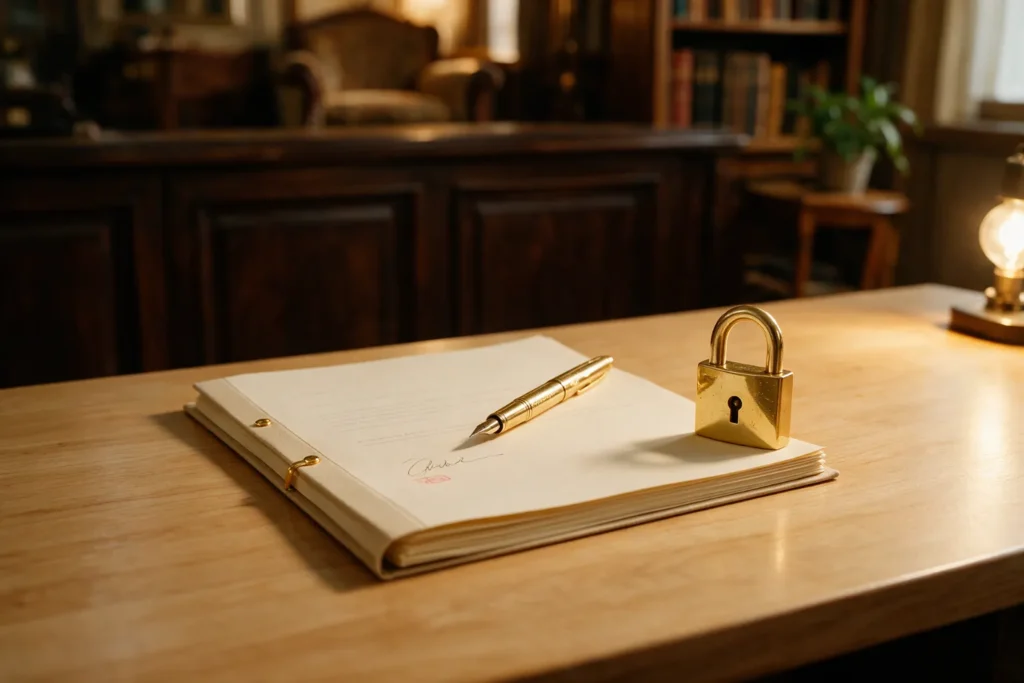 Contrato firmado con una pluma y un candado dorado sobre la mesa, símbolo de una tarifa de luz a precio fijo