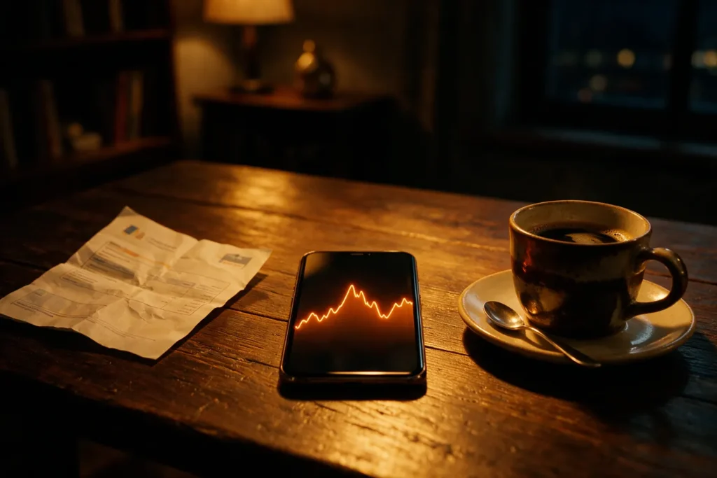 Móvil con una curva de precios que sube y baja durante el día: la tarifa indexada de luz