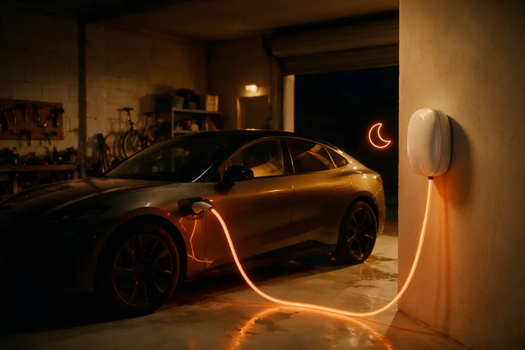 Coche eléctrico cargando de noche en un garaje con un punto de recarga de pared