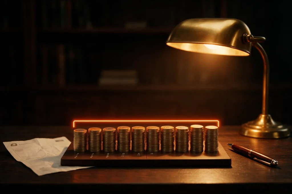 Pilas de monedas iguales sobre una mesa: la cuota mensual fija de una tarifa plana de luz