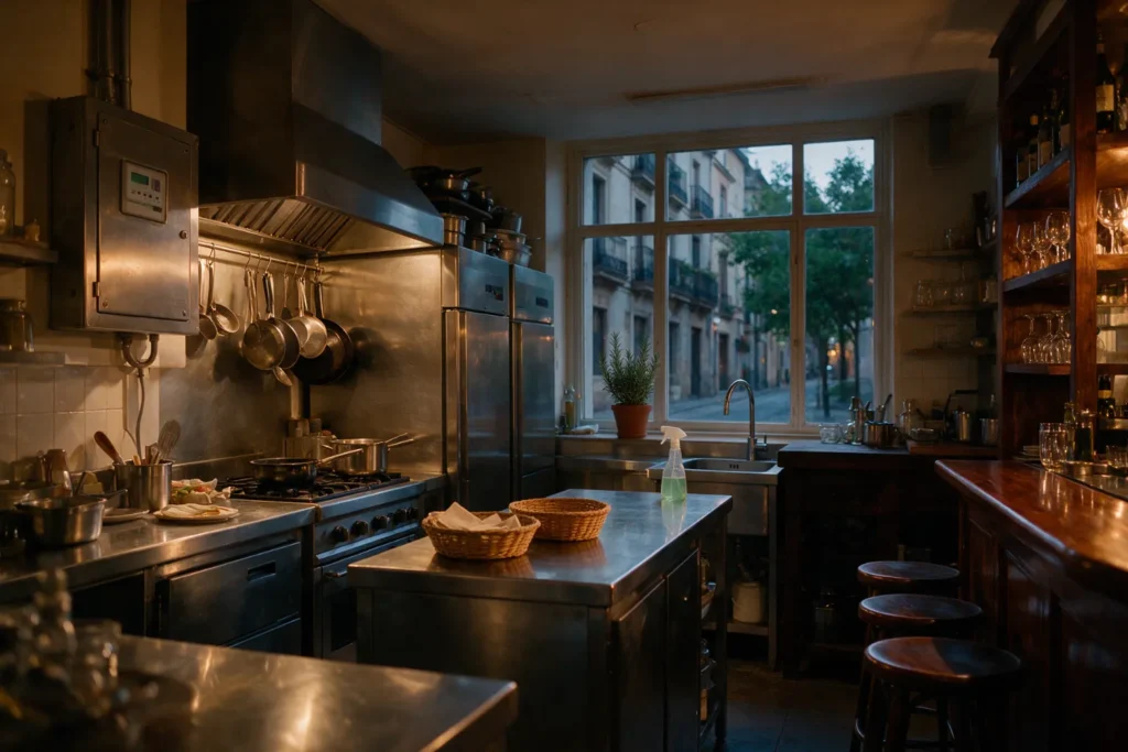 Cocina de un restaurante con el cuadro eléctrico y el contador, ejemplo de negocio con tarifa de luz para empresas