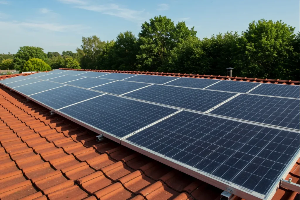 Placas solares sobre un tejado de teja